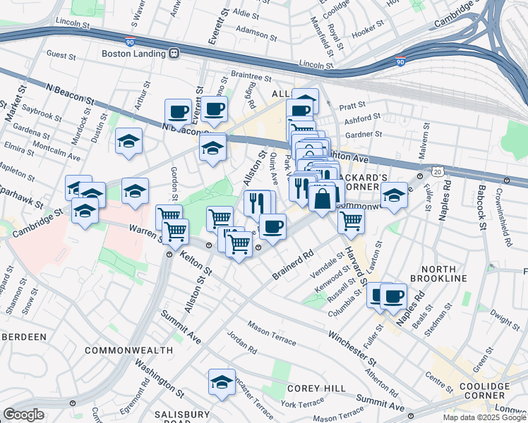 map of restaurants, bars, coffee shops, grocery stores, and more near 66 Glenville Avenue in Boston