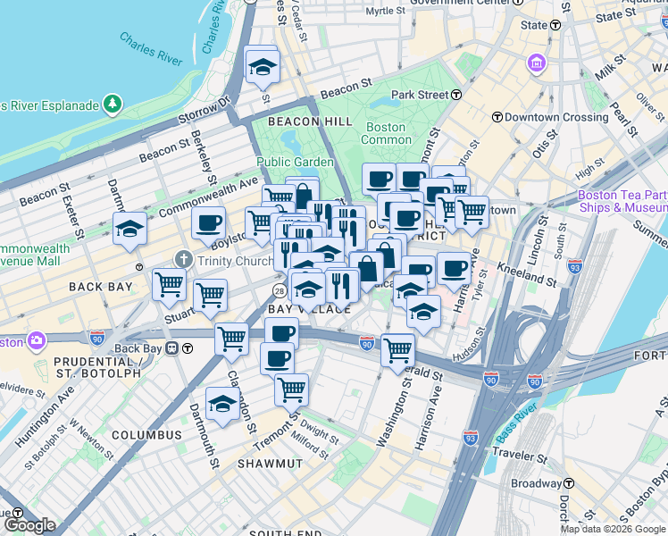 map of restaurants, bars, coffee shops, grocery stores, and more near 34-38 Winchester Street in Boston