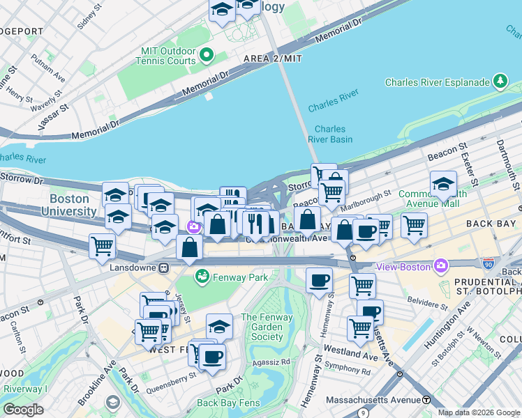 map of restaurants, bars, coffee shops, grocery stores, and more near 483 Commonwealth Avenue in Boston