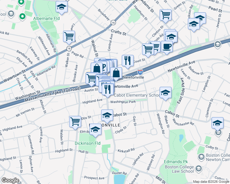 map of restaurants, bars, coffee shops, grocery stores, and more near 79 Washington Park in Newton
