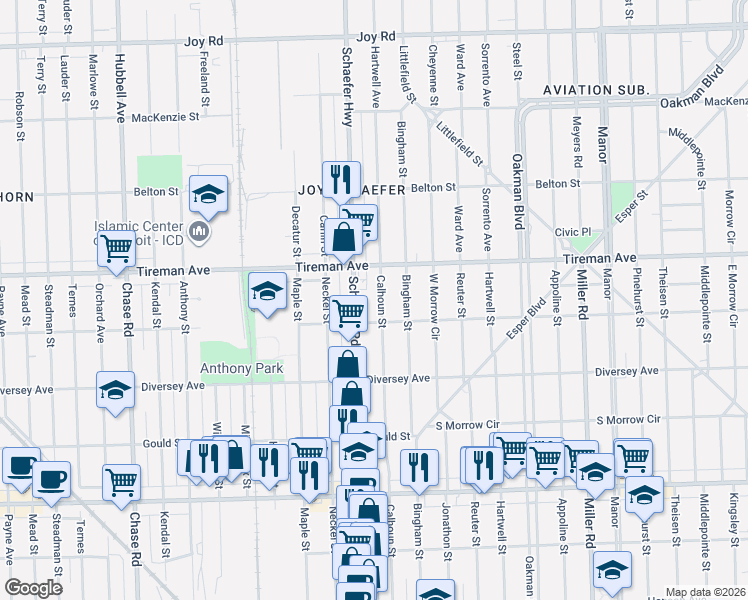 map of restaurants, bars, coffee shops, grocery stores, and more near 7800 Schaefer Road in Dearborn