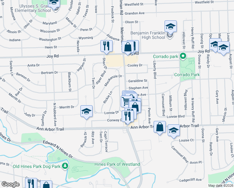 map of restaurants, bars, coffee shops, grocery stores, and more near 8310 Shari Drive in Westland