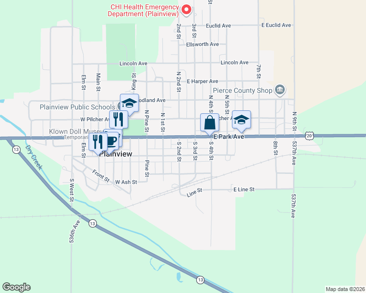 map of restaurants, bars, coffee shops, grocery stores, and more near 200-202 South 2nd Street in Plainview