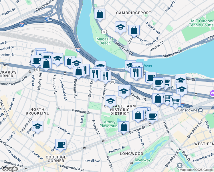 map of restaurants, bars, coffee shops, grocery stores, and more near 49 Worthington Road in Brookline