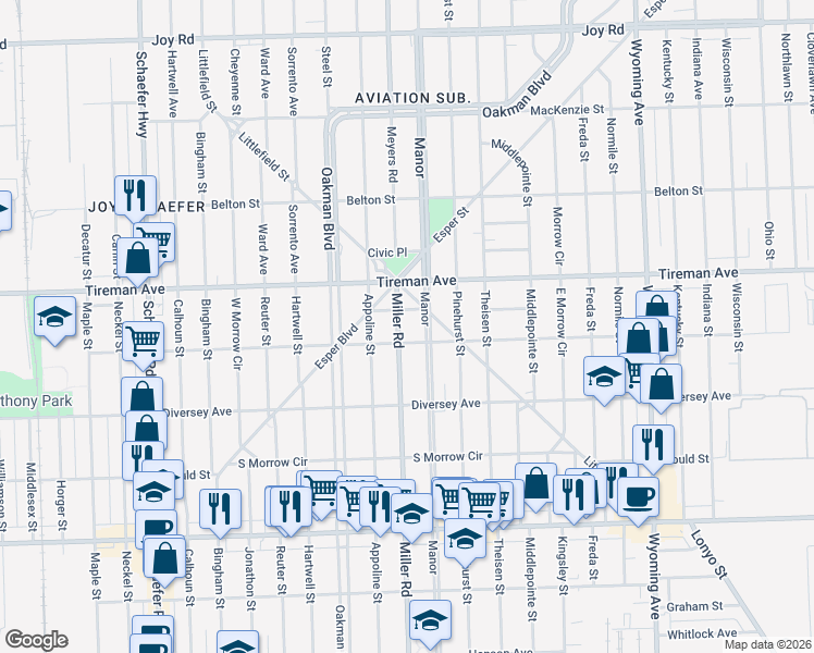 map of restaurants, bars, coffee shops, grocery stores, and more near 7747 Miller Road in Dearborn