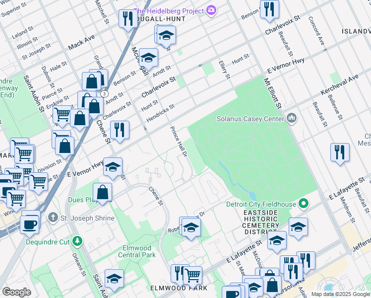 map of restaurants, bars, coffee shops, grocery stores, and more near 2136 Prince Hall Drive in Detroit