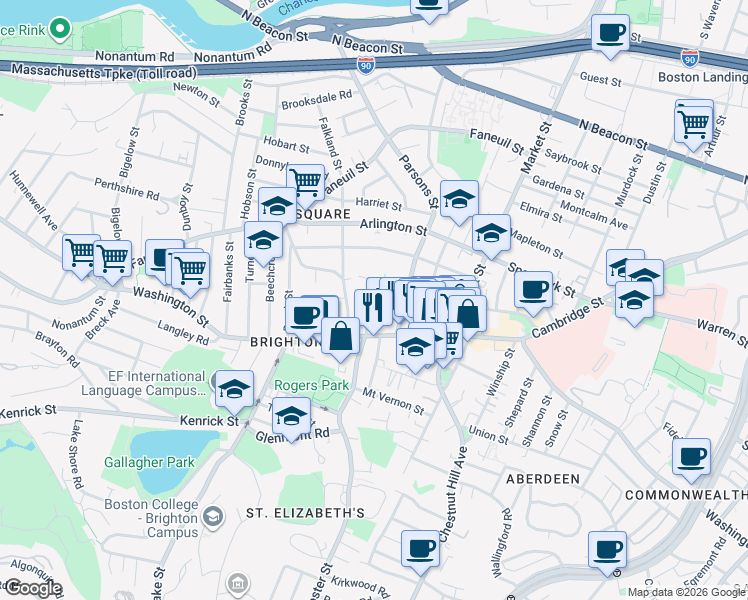map of restaurants, bars, coffee shops, grocery stores, and more near 433 Washington Street in Boston