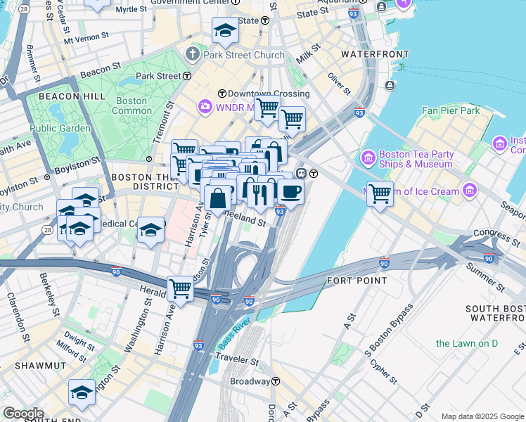 map of restaurants, bars, coffee shops, grocery stores, and more near 745 Atlantic Avenue in Boston