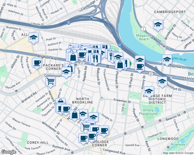map of restaurants, bars, coffee shops, grocery stores, and more near 210 Babcock Street in Brookline