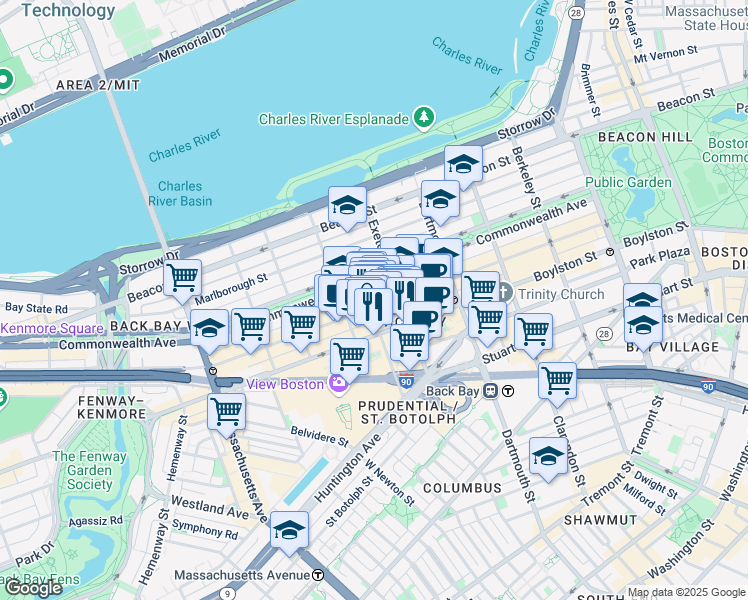 map of restaurants, bars, coffee shops, grocery stores, and more near 754 Boylston Street in Boston
