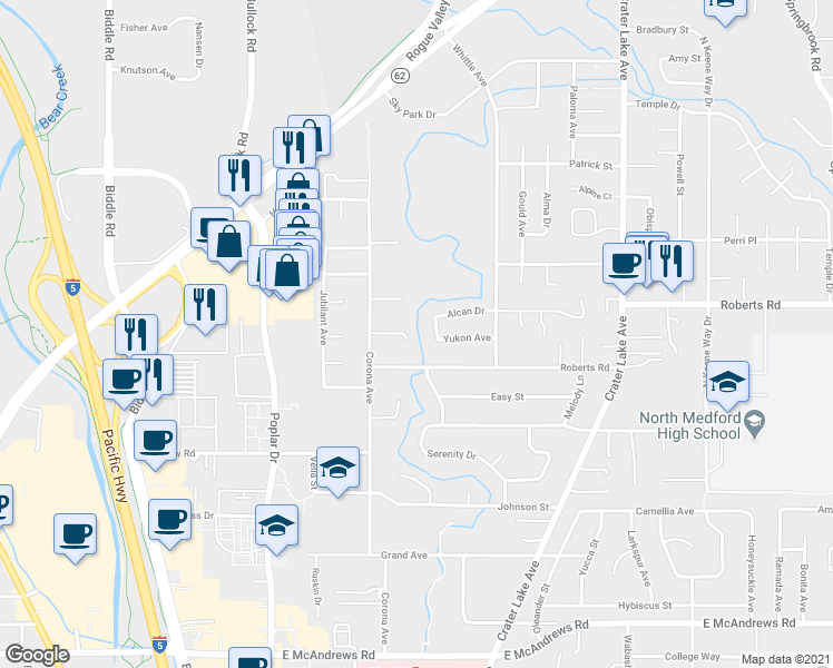 map of restaurants, bars, coffee shops, grocery stores, and more near 1519 Westin Heights Lane in Medford
