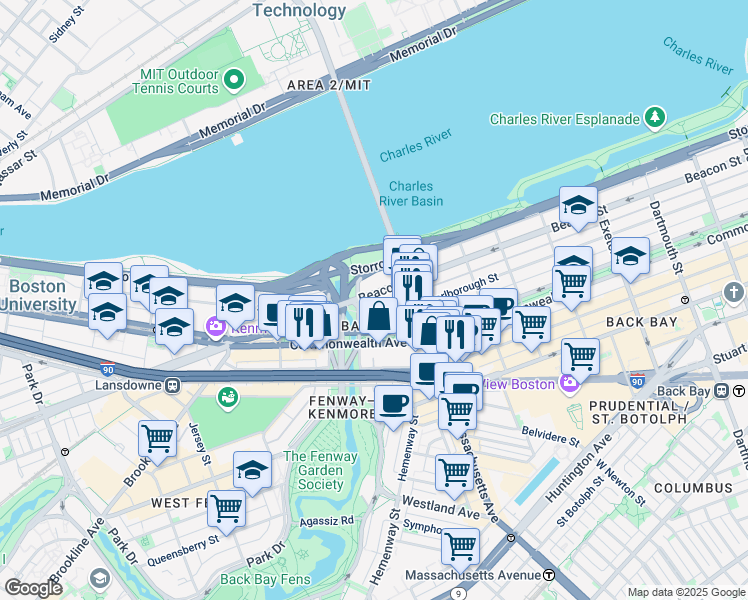 map of restaurants, bars, coffee shops, grocery stores, and more near 409 Commonwealth Avenue in Boston