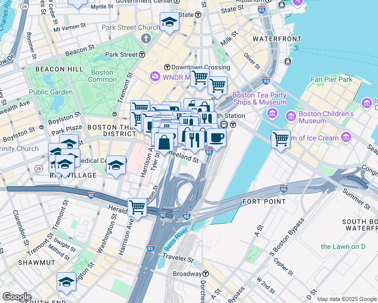 map of restaurants, bars, coffee shops, grocery stores, and more near 745 Atlantic Avenue in Boston