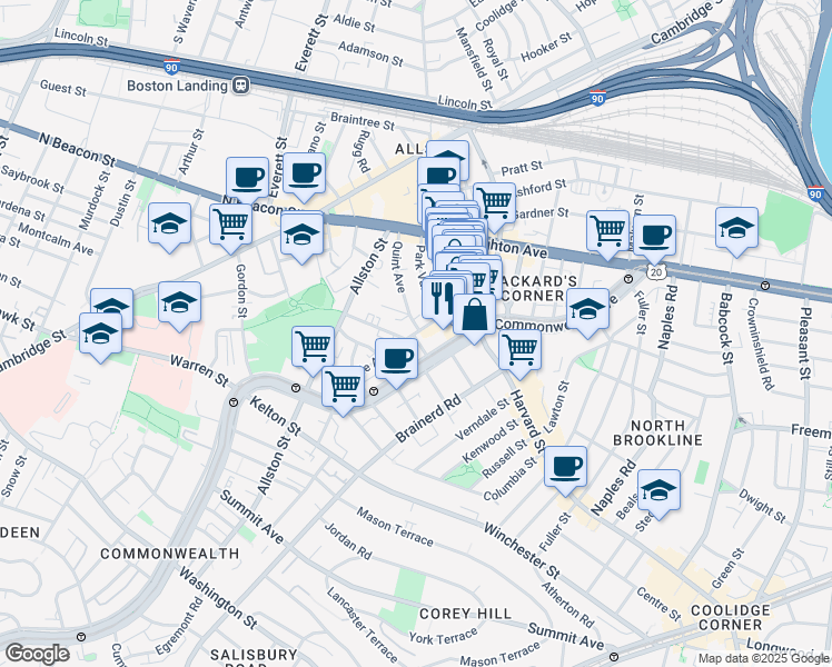 map of restaurants, bars, coffee shops, grocery stores, and more near 10-14 Park Vale Avenue in Boston