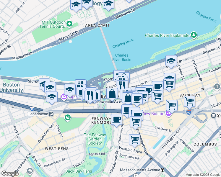 map of restaurants, bars, coffee shops, grocery stores, and more near 526 Beacon Street in Boston