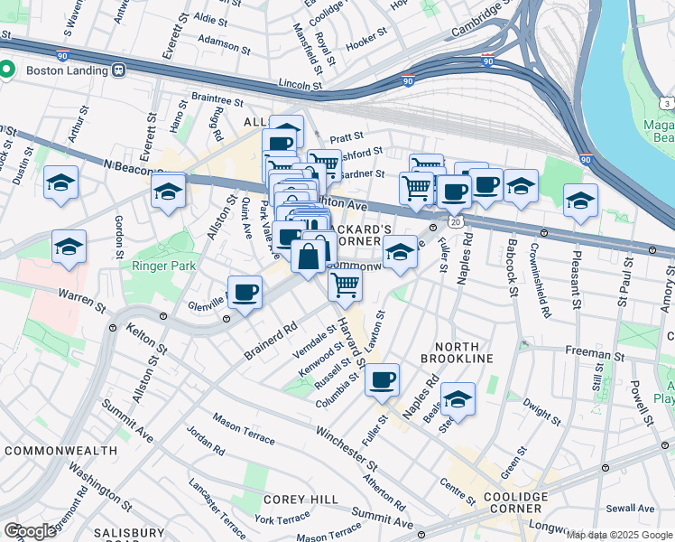 map of restaurants, bars, coffee shops, grocery stores, and more near 1197 Commonwealth Avenue in Boston