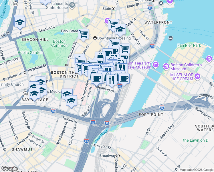 map of restaurants, bars, coffee shops, grocery stores, and more near 196 Lincoln Street in Boston