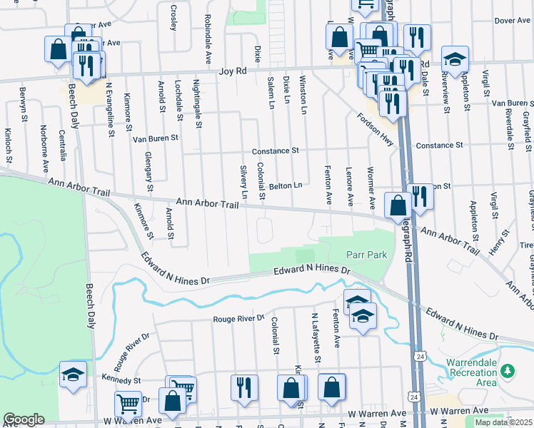 map of restaurants, bars, coffee shops, grocery stores, and more near 8225 Colonial Street in Dearborn Heights