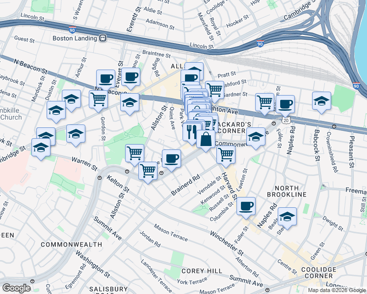 map of restaurants, bars, coffee shops, grocery stores, and more near 10-14 Park Vale Avenue in Boston