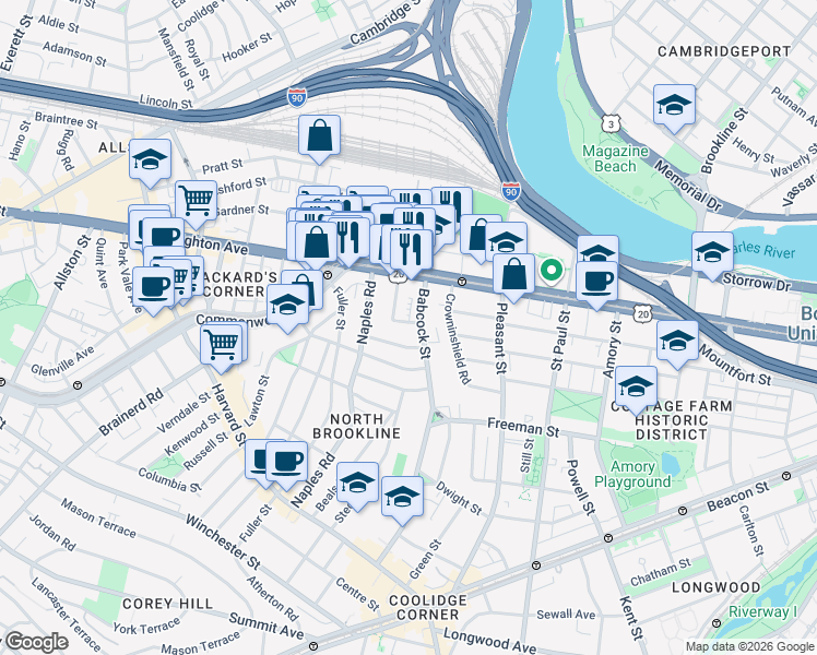 map of restaurants, bars, coffee shops, grocery stores, and more near 20 Winslow Road in Brookline