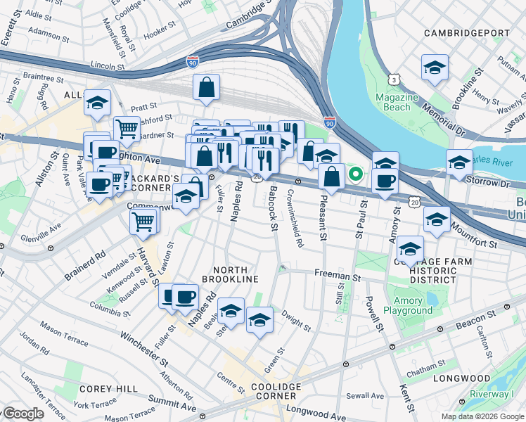 map of restaurants, bars, coffee shops, grocery stores, and more near 20 Winslow Road in Brookline