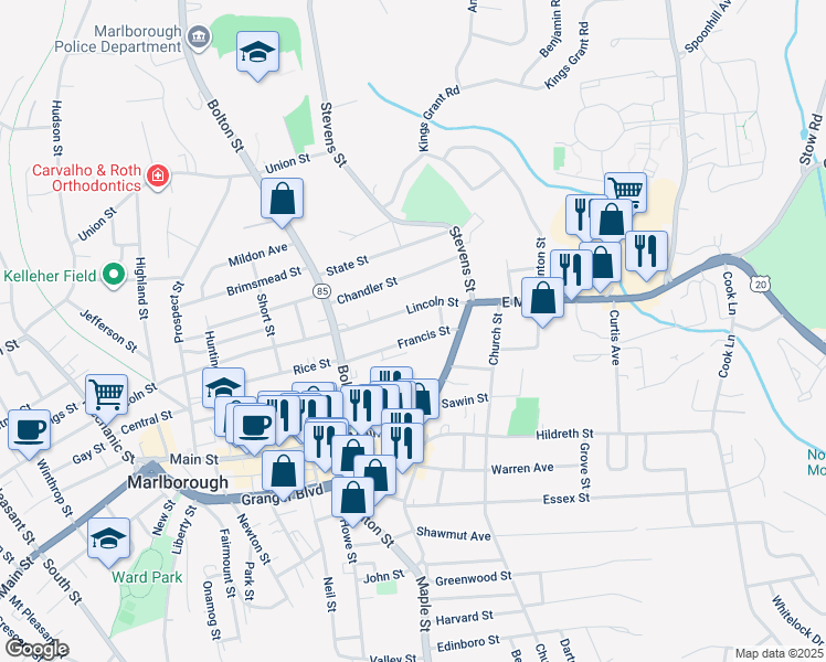 map of restaurants, bars, coffee shops, grocery stores, and more near 34 Lincoln Street in Marlborough