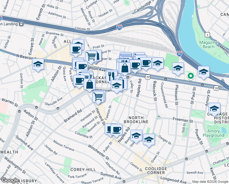 map of restaurants, bars, coffee shops, grocery stores, and more near 1139 Commonwealth Avenue in Boston