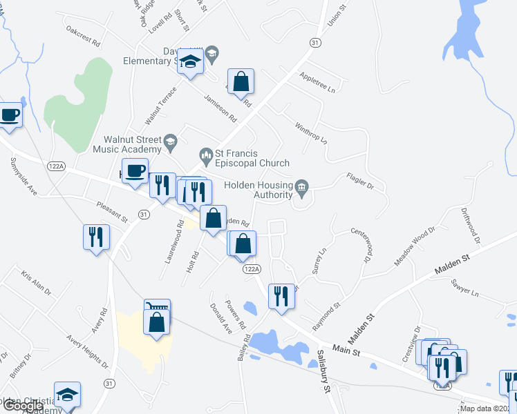 map of restaurants, bars, coffee shops, grocery stores, and more near 84 Phillips Road in Holden