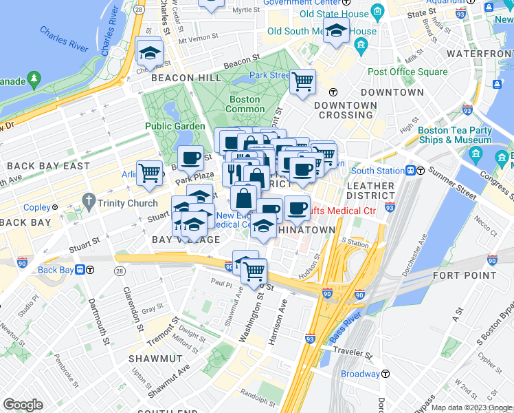 map of restaurants, bars, coffee shops, grocery stores, and more near 270 Tremont Street in Boston