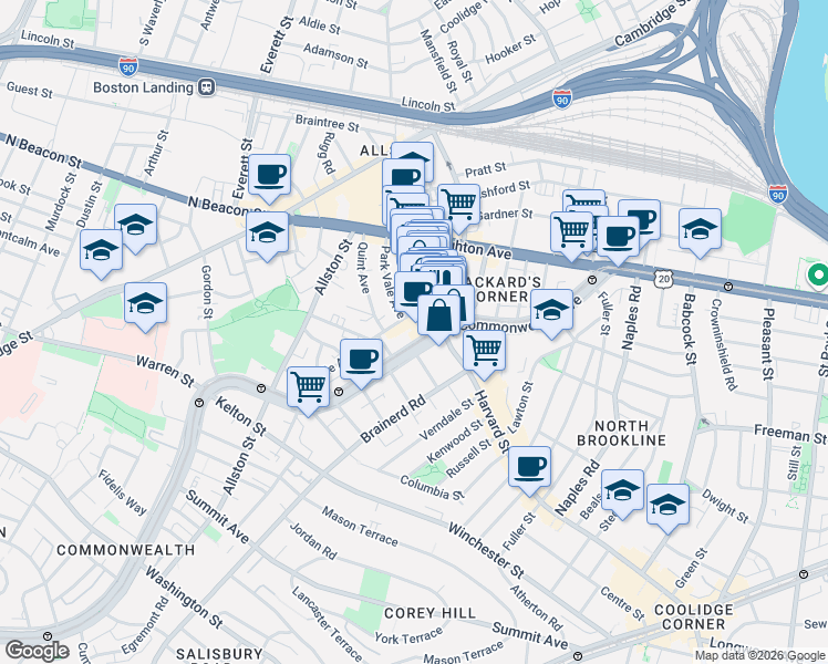 map of restaurants, bars, coffee shops, grocery stores, and more near 1245 Commonwealth Avenue in Boston