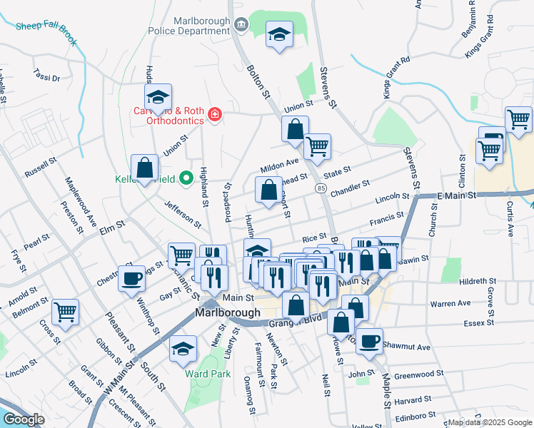 map of restaurants, bars, coffee shops, grocery stores, and more near 73 Tremont Street in Marlborough