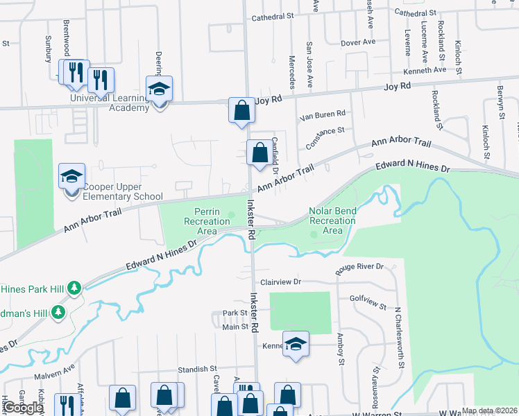 map of restaurants, bars, coffee shops, grocery stores, and more near 27151 Ann Arbor Trail in Dearborn Heights
