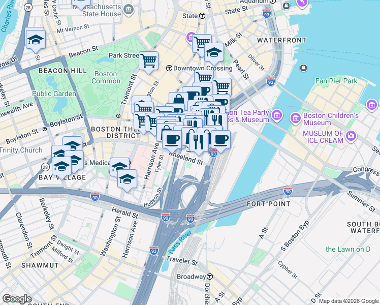 map of restaurants, bars, coffee shops, grocery stores, and more near 196 Lincoln Street in Boston