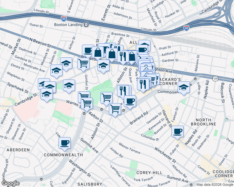 map of restaurants, bars, coffee shops, grocery stores, and more near 68 Allston Street in Boston