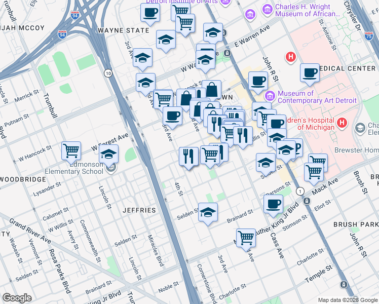 map of restaurants, bars, coffee shops, grocery stores, and more near 4428 2nd Avenue in Detroit
