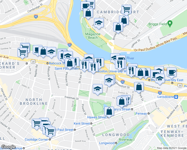 map of restaurants, bars, coffee shops, grocery stores, and more near 173 Amory Street in Brookline