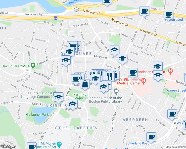 map of restaurants, bars, coffee shops, grocery stores, and more near 14 Foster Street in Boston