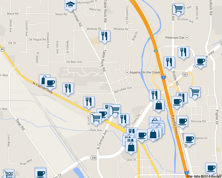 map of restaurants, bars, coffee shops, grocery stores, and more near 2308 Table Rock Road in Medford