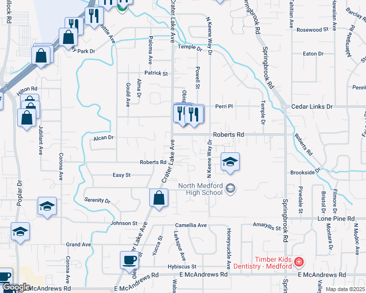 map of restaurants, bars, coffee shops, grocery stores, and more near 2043 Roberts Road in Medford