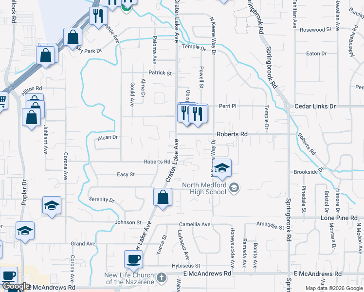map of restaurants, bars, coffee shops, grocery stores, and more near 2043 Roberts Road in Medford