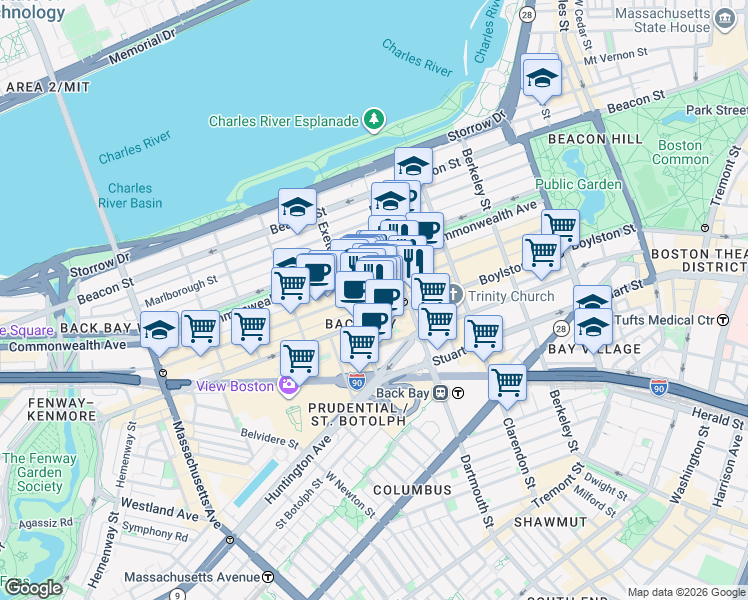 map of restaurants, bars, coffee shops, grocery stores, and more near 176 Newbury Street in Boston
