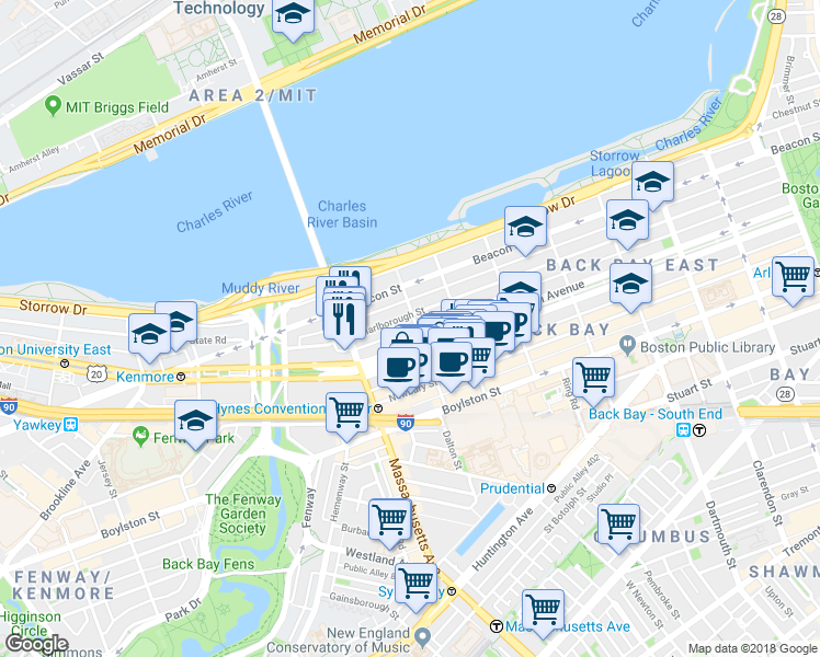 map of restaurants, bars, coffee shops, grocery stores, and more near 18 Hereford Street in Boston