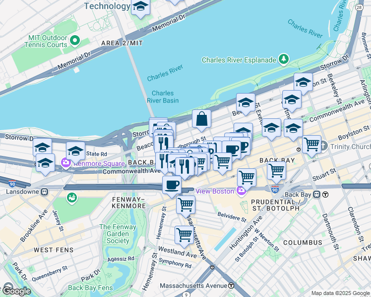 map of restaurants, bars, coffee shops, grocery stores, and more near 457 Beacon Street in Boston