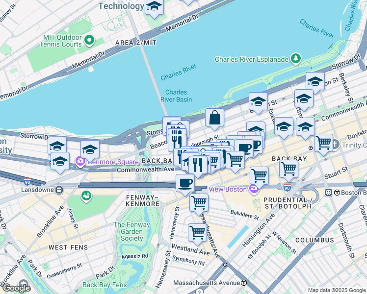 map of restaurants, bars, coffee shops, grocery stores, and more near 457 Beacon Street in Boston