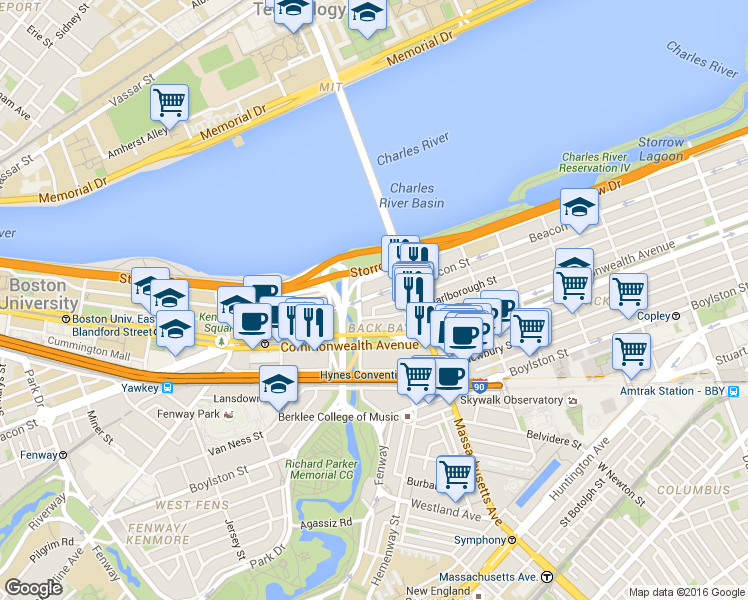 map of restaurants, bars, coffee shops, grocery stores, and more near in Boston