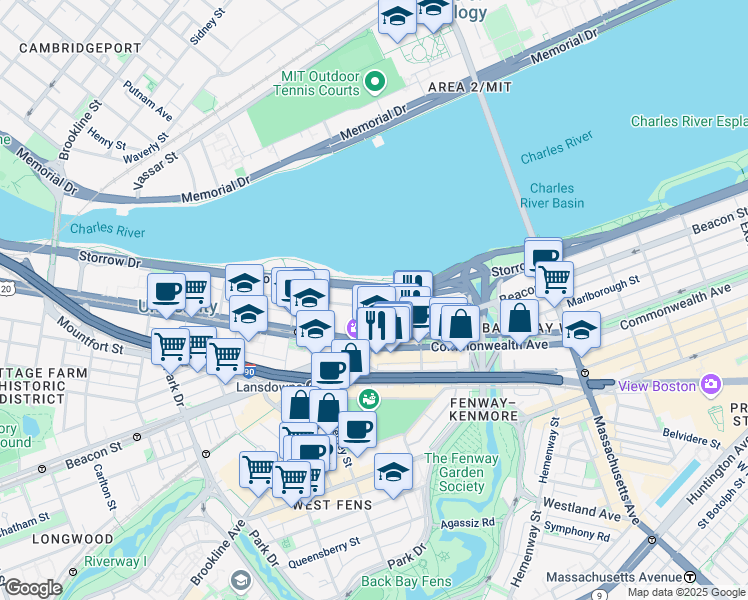 map of restaurants, bars, coffee shops, grocery stores, and more near 91 Bay State Road in Boston