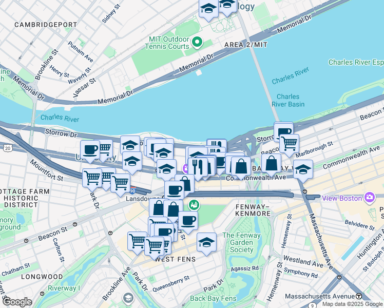map of restaurants, bars, coffee shops, grocery stores, and more near 91 Bay State Road in Boston