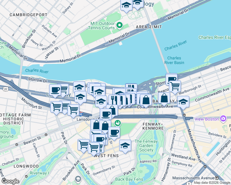 map of restaurants, bars, coffee shops, grocery stores, and more near 91 Bay State Road in Boston