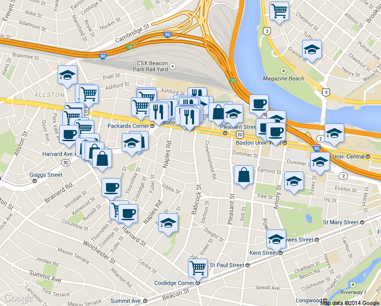 map of restaurants, bars, coffee shops, grocery stores, and more near 20 Winslow Road in Brookline