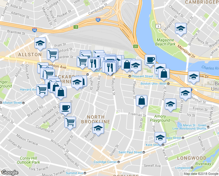 map of restaurants, bars, coffee shops, grocery stores, and more near 20 Winslow Road in Brookline